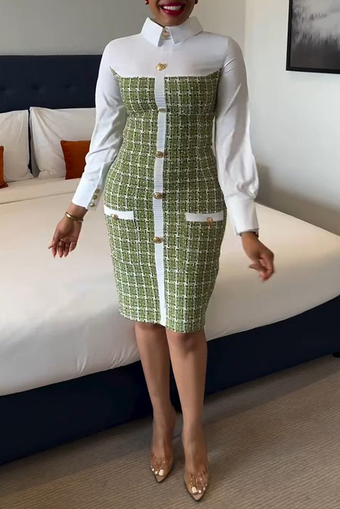 Casual Daily Patchwork Buttons Turndown Collar Long Sleeve Dresses