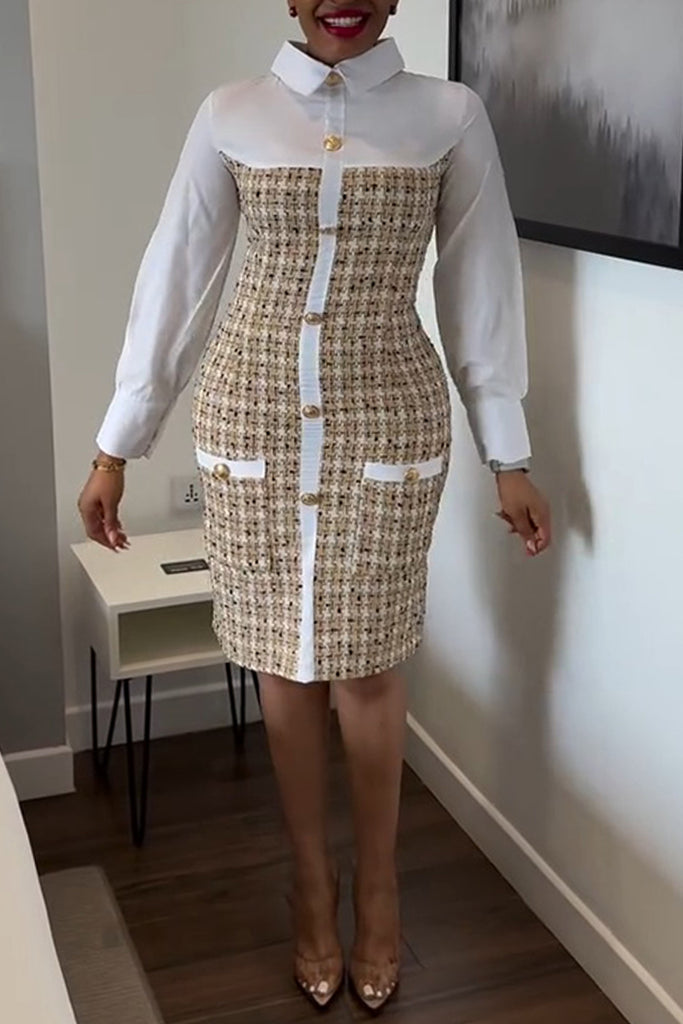 Casual Daily Patchwork Buttons Turndown Collar Long Sleeve Dresses