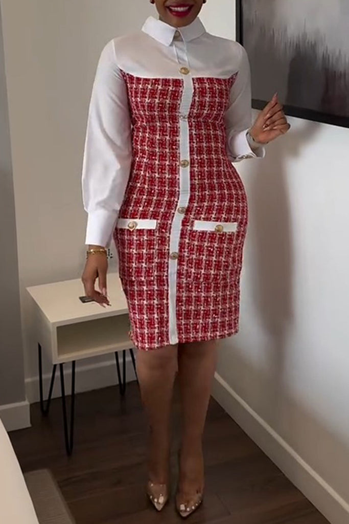 Casual Daily Patchwork Buttons Turndown Collar Long Sleeve Dresses