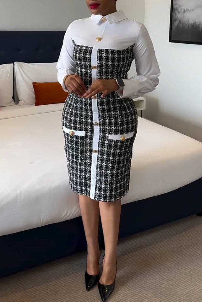 Casual Daily Patchwork Buttons Turndown Collar Long Sleeve Dresses