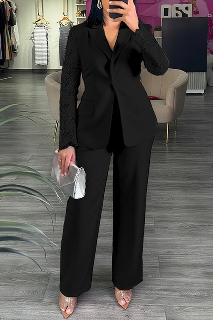 Business Wear Daily Solid Color Lace Patchwork Turn-back Collar Long Sleeve Two Pieces