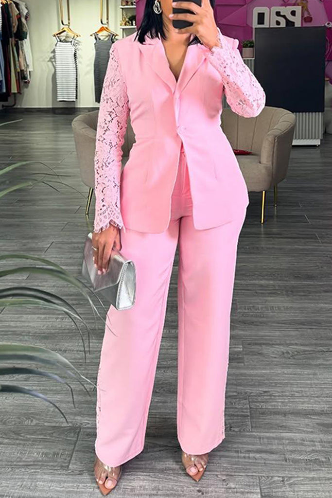 Business Wear Daily Solid Color Lace Patchwork Turn-back Collar Long Sleeve Two Pieces