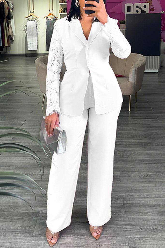 Business Wear Daily Solid Color Lace Patchwork Turn-back Collar Long Sleeve Two Pieces