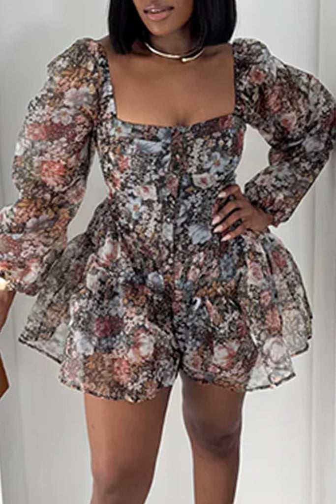 Casual Daily Floral Print Basic Square Neck Regular Romper