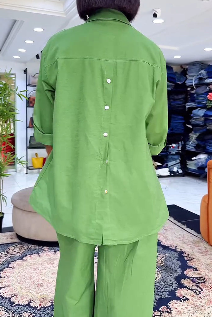Casual Daily Solid Color Buttons Slit Turndown Collar Long Sleeve Two Pieces