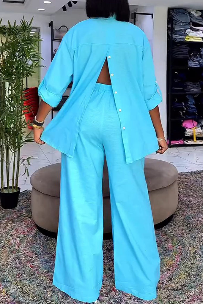 Casual Daily Solid Color Buttons Slit Turndown Collar Long Sleeve Two Pieces