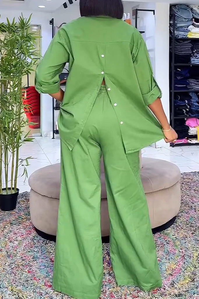 Casual Daily Solid Color Buttons Slit Turndown Collar Long Sleeve Two Pieces