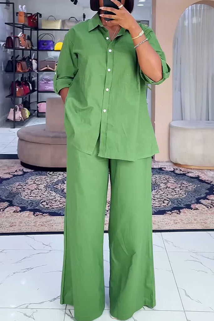Casual Daily Solid Color Buttons Slit Turndown Collar Long Sleeve Two Pieces