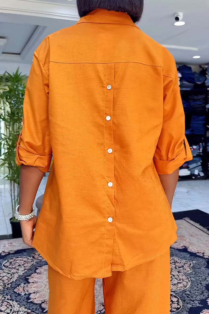 Casual Daily Solid Color Buttons Slit Turndown Collar Long Sleeve Two Pieces