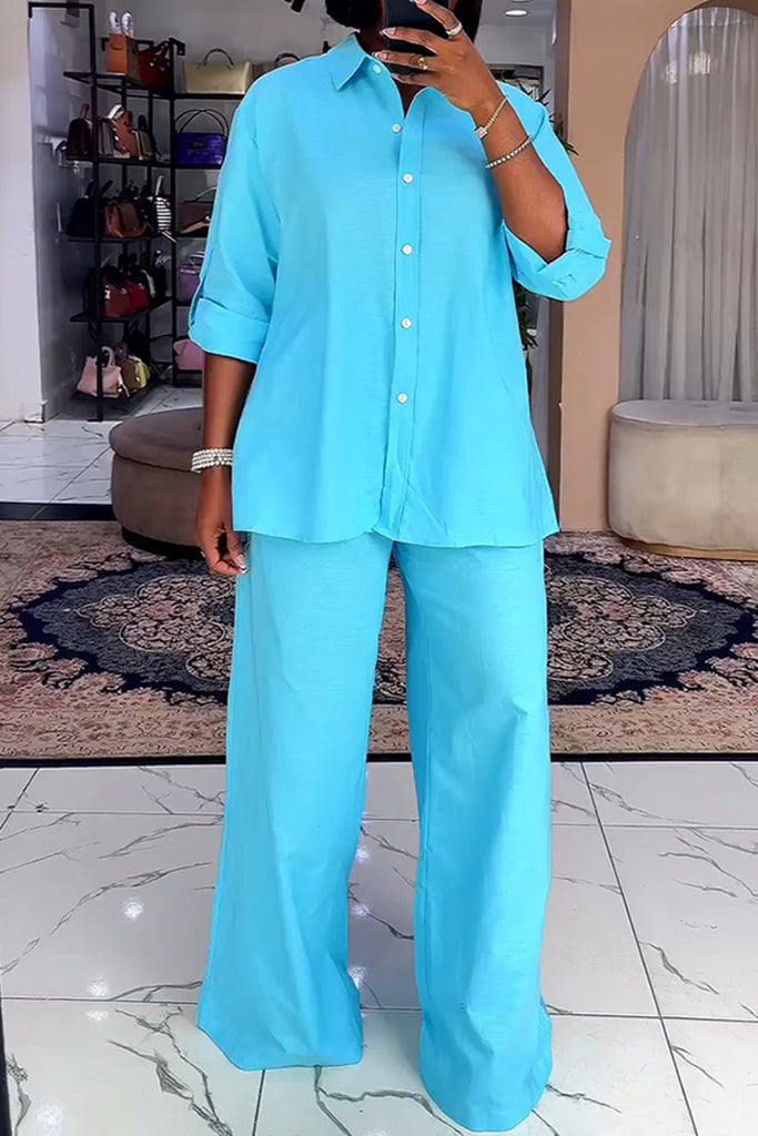 Casual Daily Solid Color Buttons Slit Turndown Collar Long Sleeve Two Pieces
