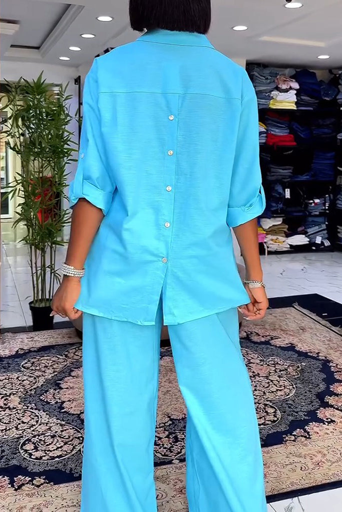 Casual Daily Solid Color Buttons Slit Turndown Collar Long Sleeve Two Pieces