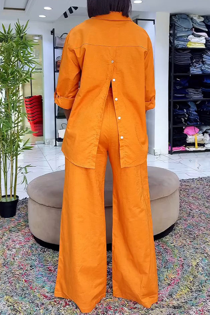 Casual Daily Solid Color Buttons Slit Turndown Collar Long Sleeve Two Pieces