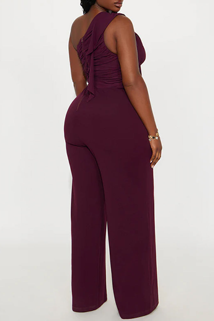 Sexy Solid Color Hollow Out Backless Ruched Oblique Collar Regular Jumpsuits
