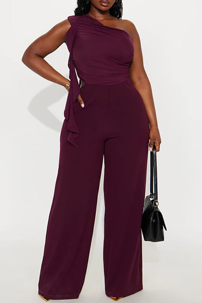 Sexy Solid Color Hollow Out Backless Ruched Oblique Collar Regular Jumpsuits