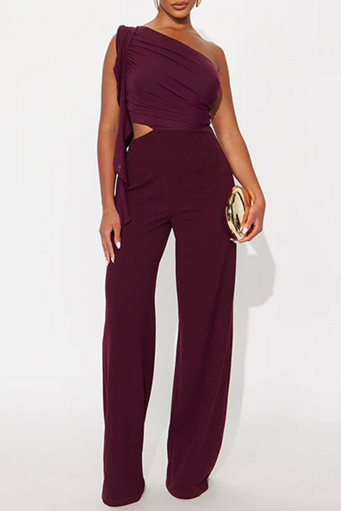 Sexy Solid Color Hollow Out Backless Ruched Oblique Collar Regular Jumpsuits