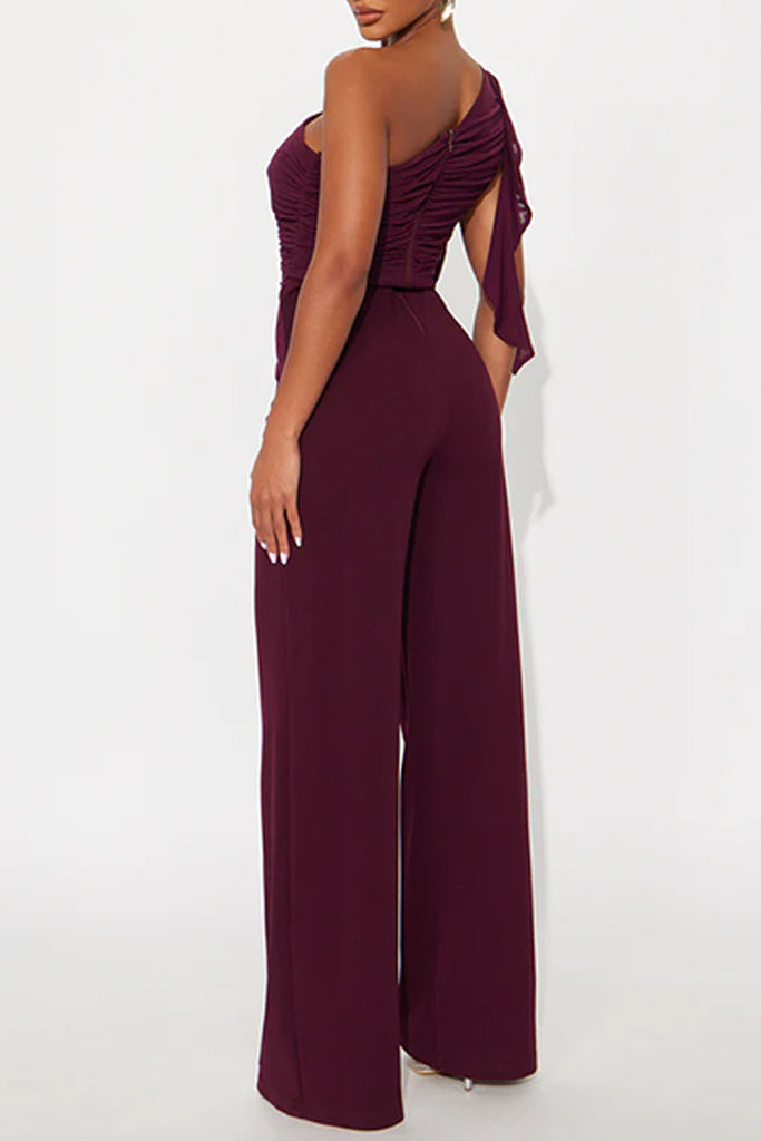 Sexy Solid Color Hollow Out Backless Ruched Oblique Collar Regular Jumpsuits