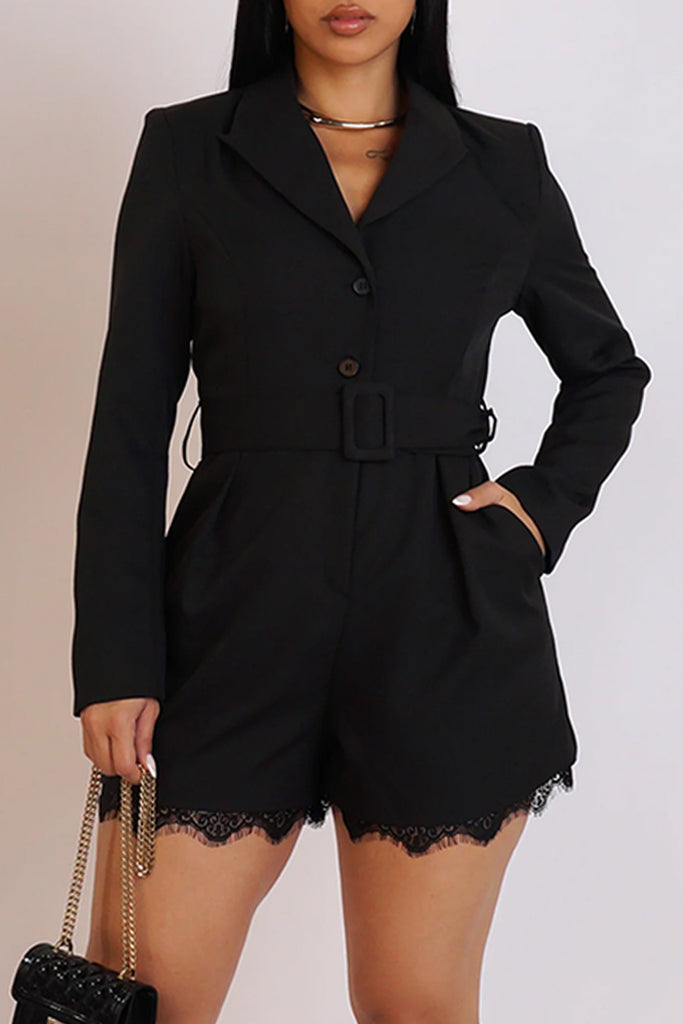Casual Daily Solid Color Lace Patchwork With Belt Turndown Collar Regular Romper