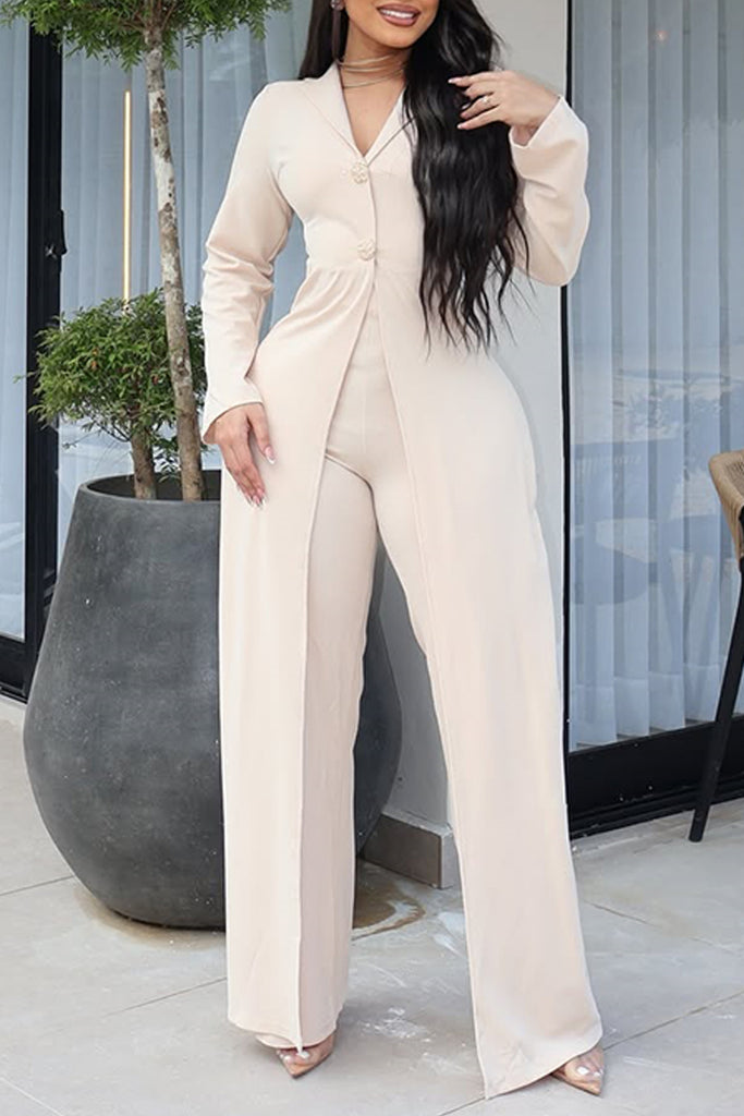 Casual Daily Solid Color Buttons Turn-back Collar Long Sleeve Two Pieces