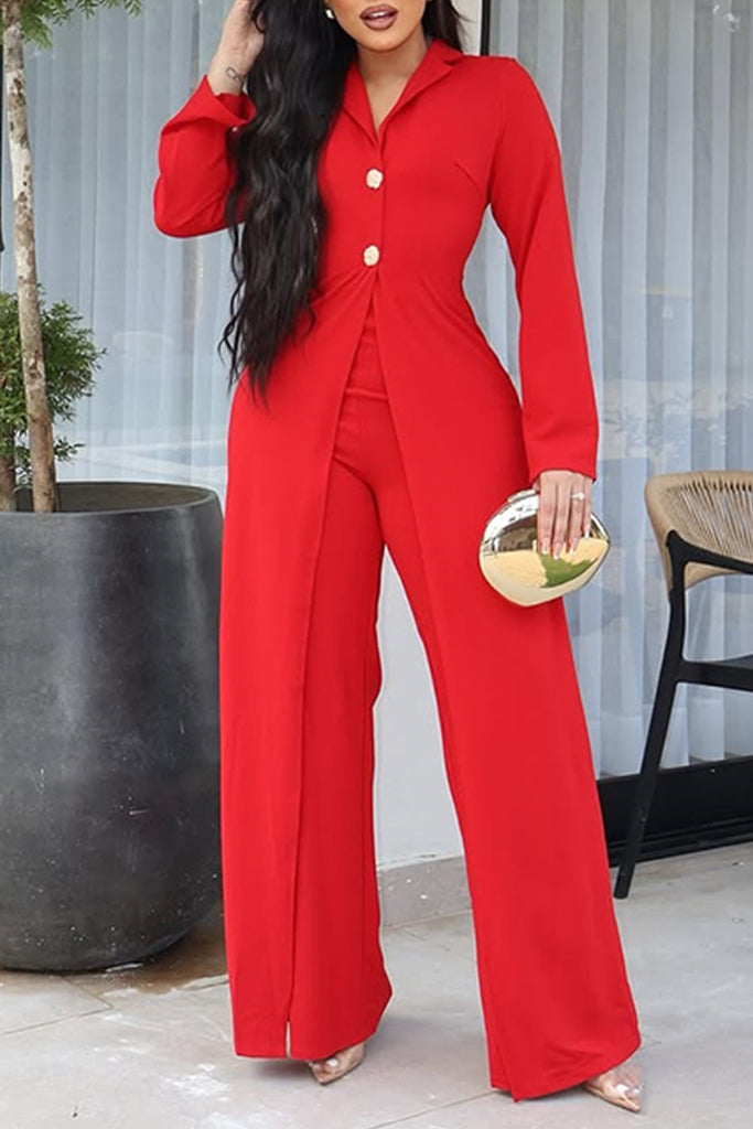 Casual Daily Solid Color Buttons Turn-back Collar Long Sleeve Two Pieces