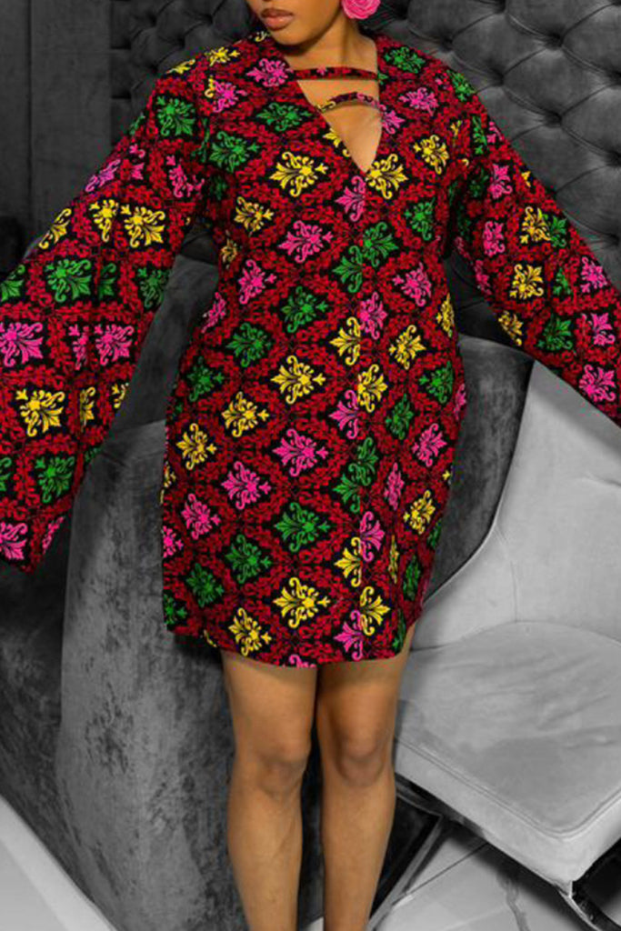 Casual Daily Print Hollow Out V Neck Long Sleeve Dresses