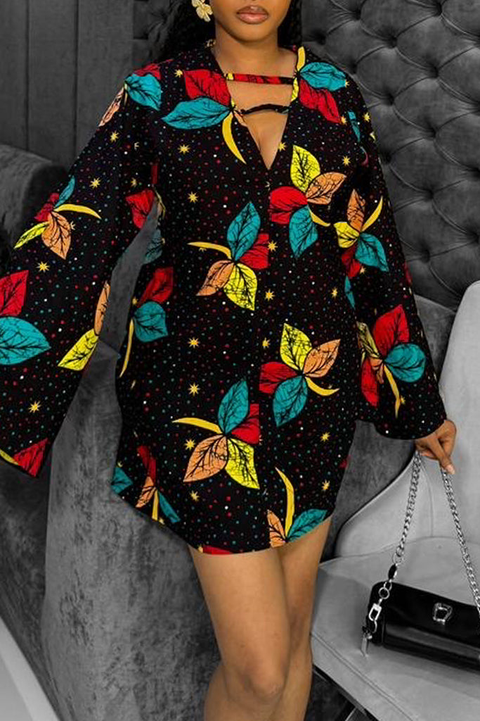 Casual Daily Print Hollow Out V Neck Long Sleeve Dresses