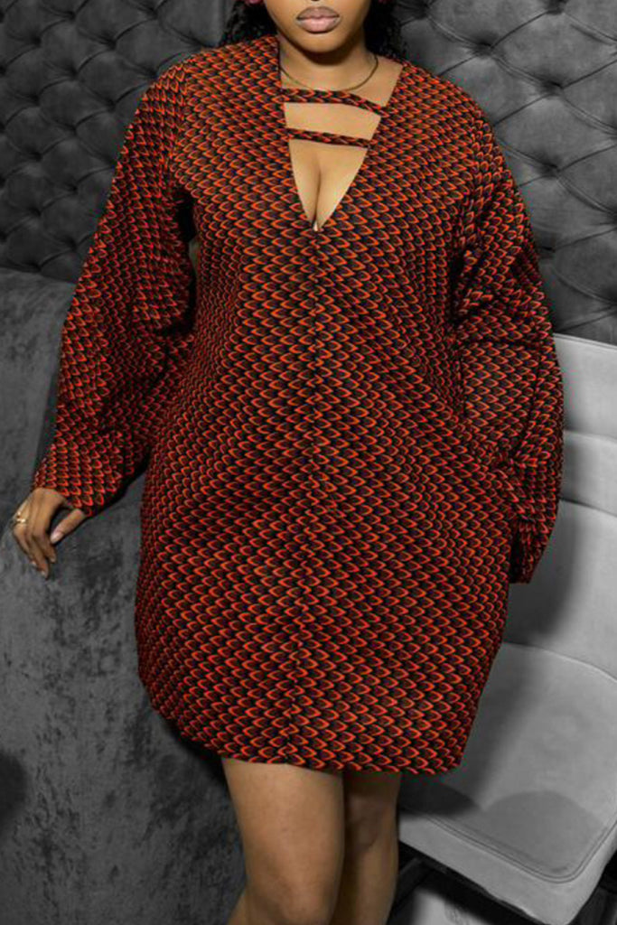 Casual Daily Print Hollow Out V Neck Long Sleeve Dresses