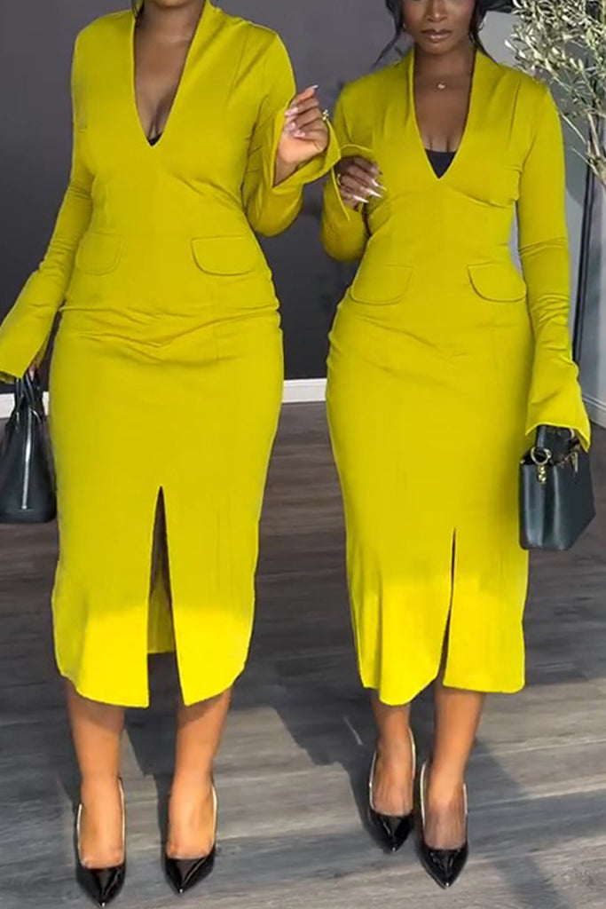 Sexy Daily Solid Color Slit Deep V Neck Long Dresses