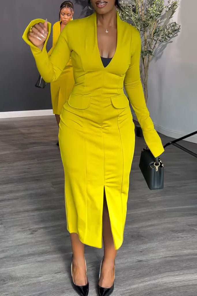 Sexy Daily Solid Color Slit Deep V Neck Long Dresses