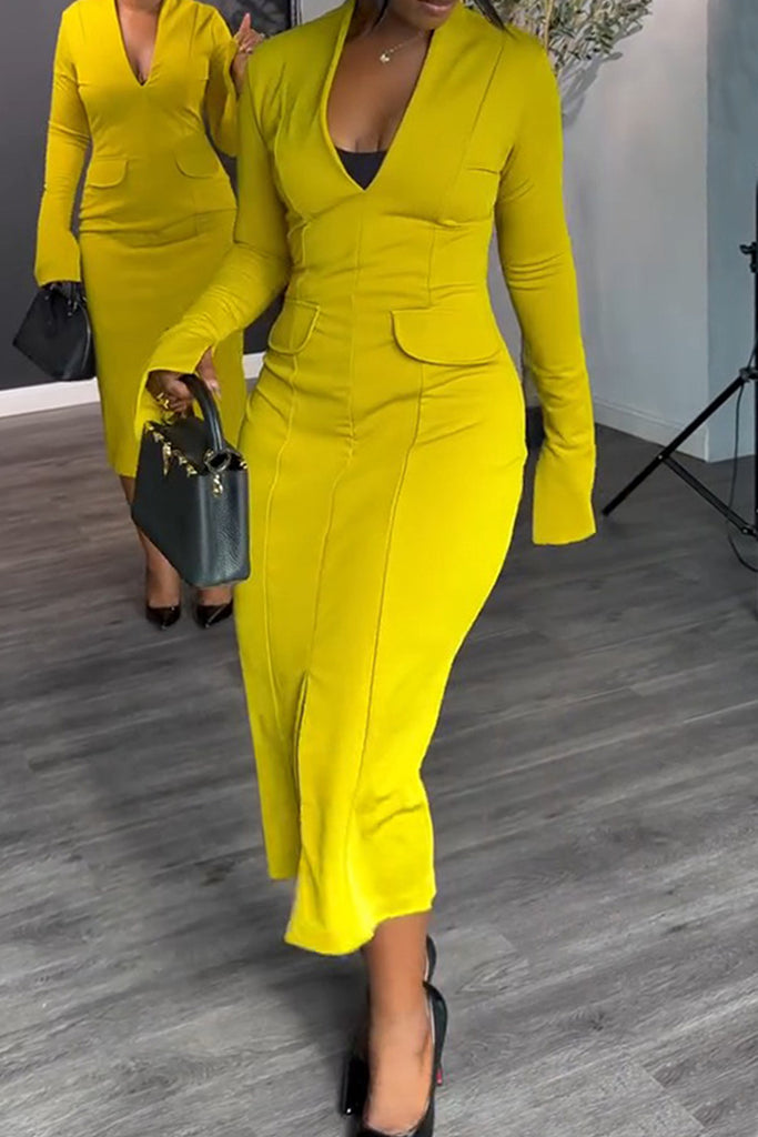 Sexy Daily Solid Color Slit Deep V Neck Long Dresses