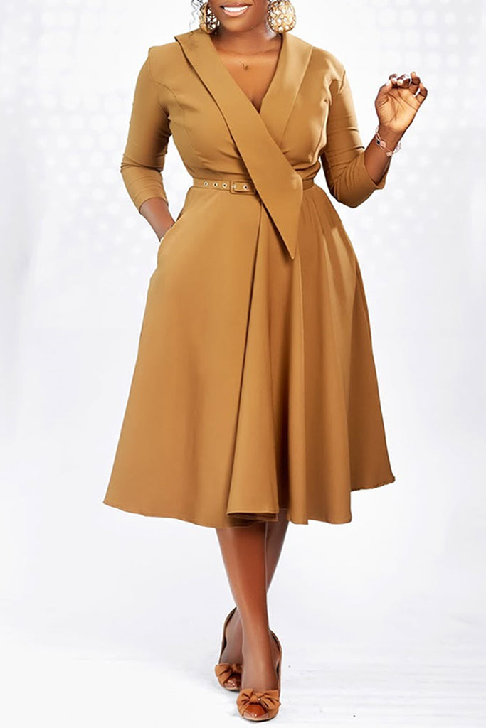Daily Solid Color With Belt Turndown Collar A Line Dresses