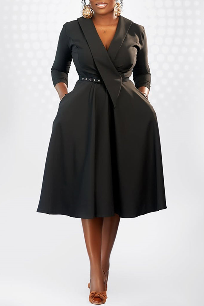 Daily Solid Color With Belt Turndown Collar A Line Dresses
