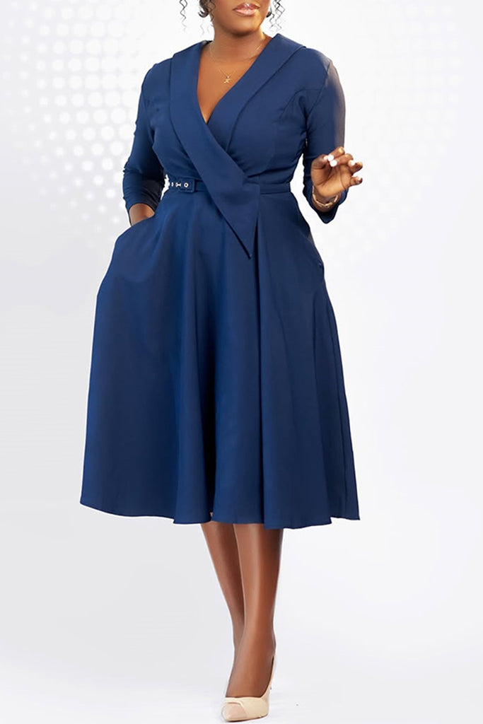 Daily Solid Color With Belt Turndown Collar A Line Dresses