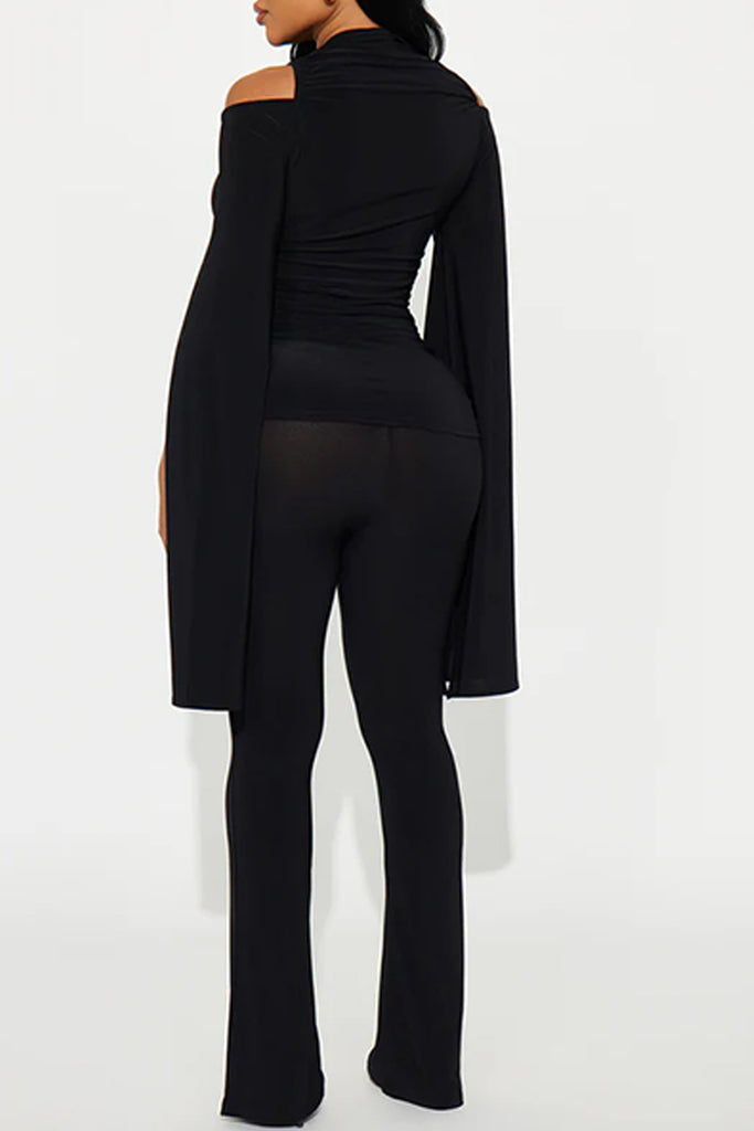 Casual Daily Solid Color Hollow Out Ruched O Neck Long Sleeve Two Pieces