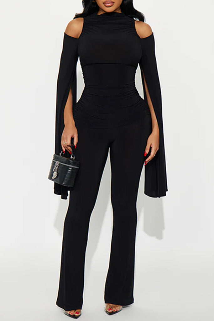 Casual Daily Solid Color Hollow Out Ruched O Neck Long Sleeve Two Pieces