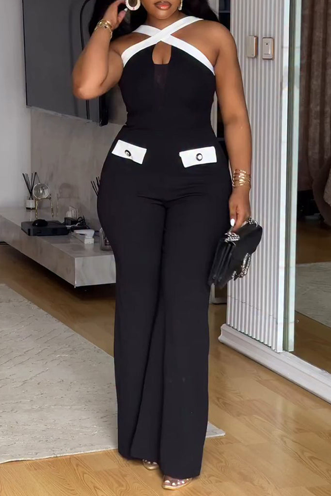 Sexy Patchwork Backless Contrast V Neck Bodycon Jumpsuits