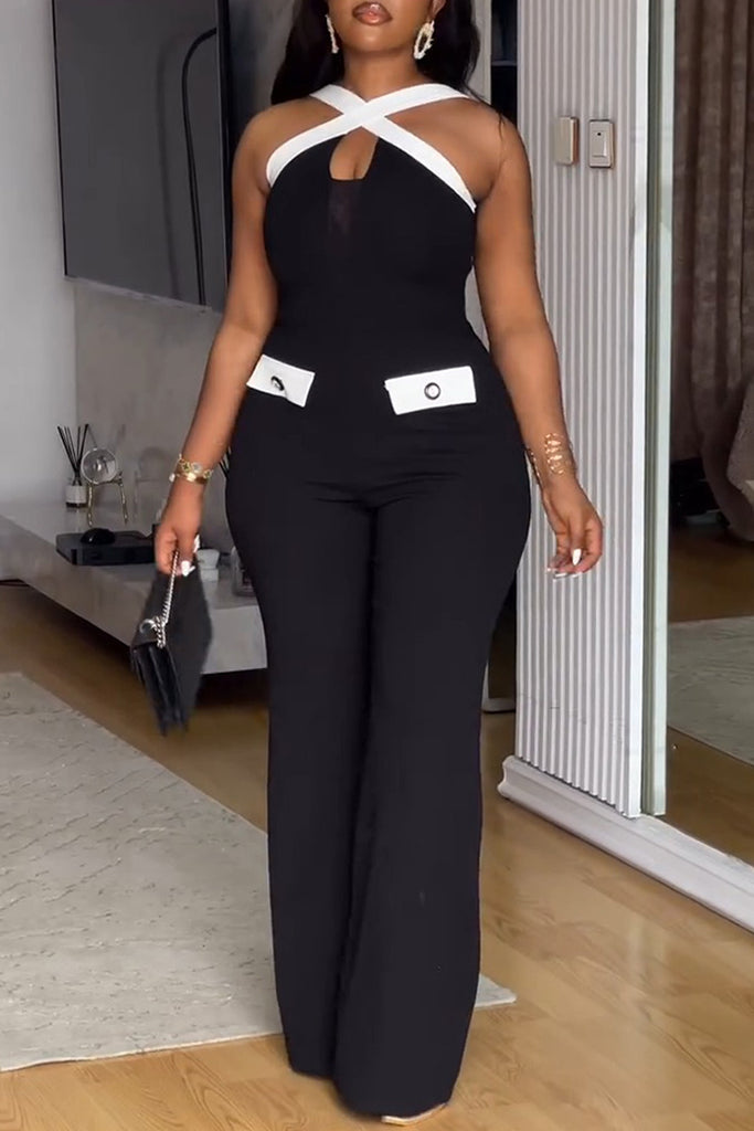 Sexy Patchwork Backless Contrast V Neck Bodycon Jumpsuits