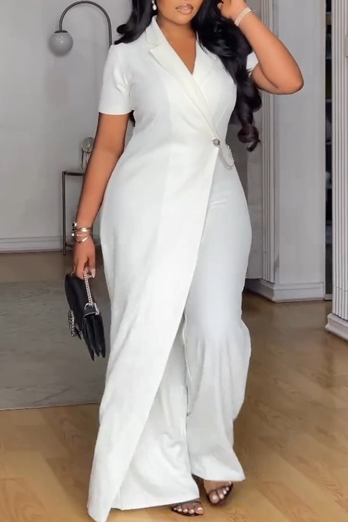 Casual Daily Solid Color Buttons Turndown Collar Regular Jumpsuits