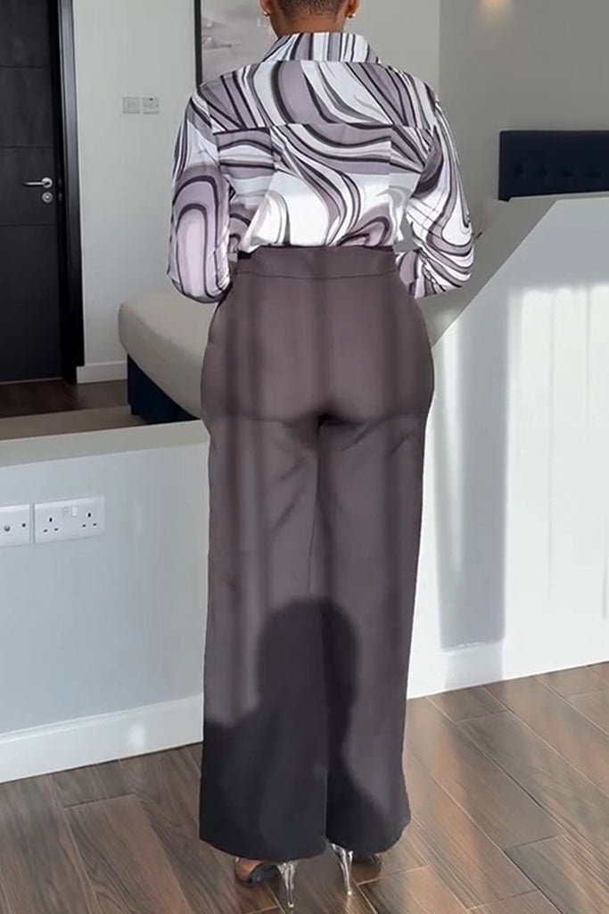 Casual Daily Print Metal Accessories Trim Turndown Collar Long Sleeve Two Pieces