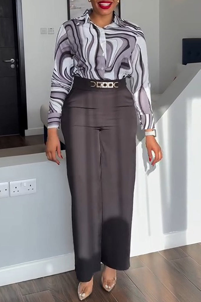Casual Daily Print Metal Accessories Trim Turndown Collar Long Sleeve Two Pieces