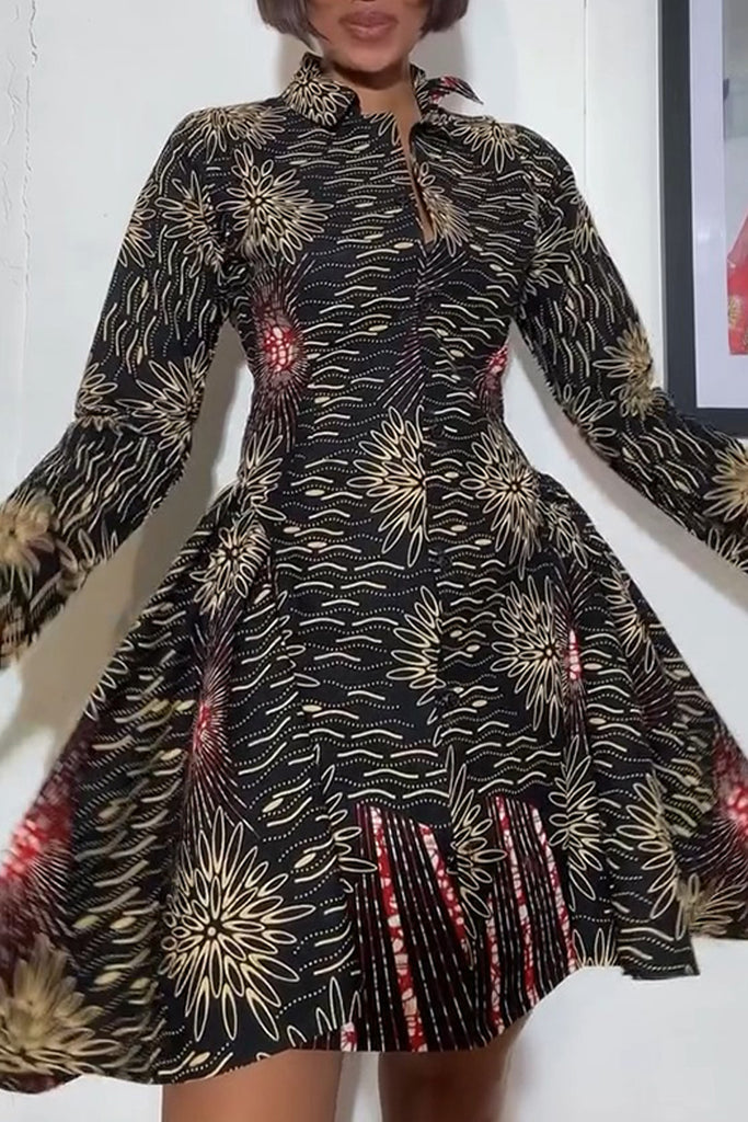 Casual Daily Print Buttons Turndown Collar A Line Dresses