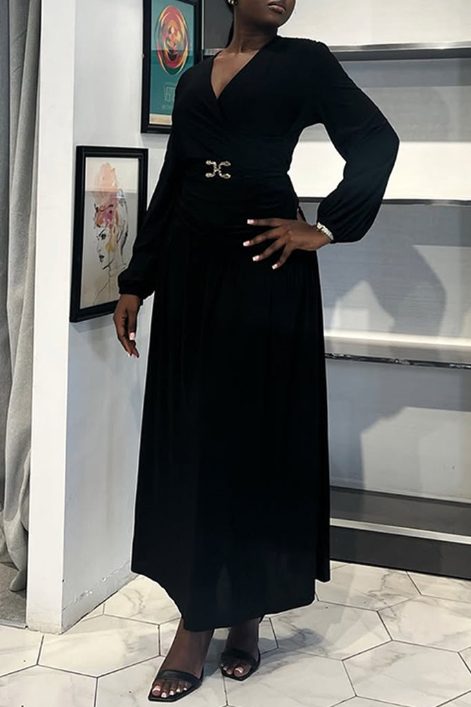 Daily Elegant Solid Color With Belt V Neck Long Dresses