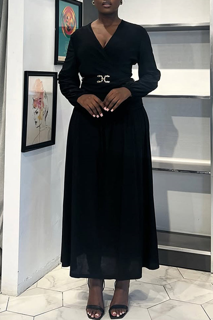 Daily Elegant Solid Color With Belt V Neck Long Dresses