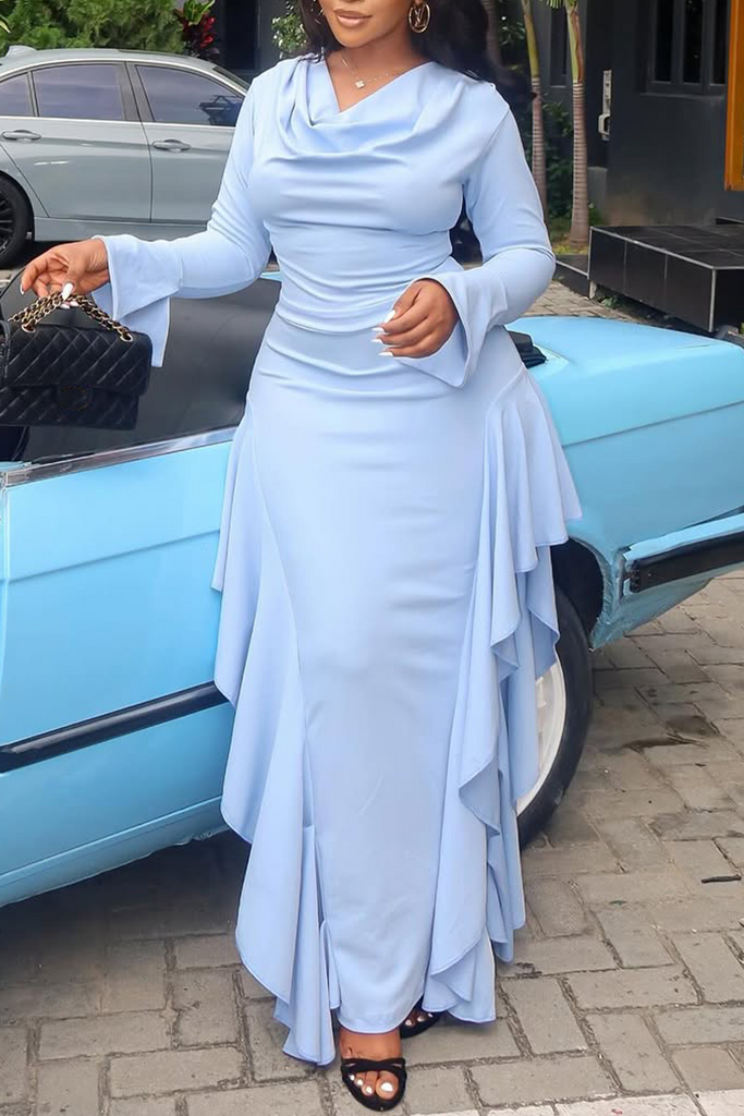 Elegant Solid Color Slit Zipper Ruffled Trim Pile Heap Collar Long Dresses