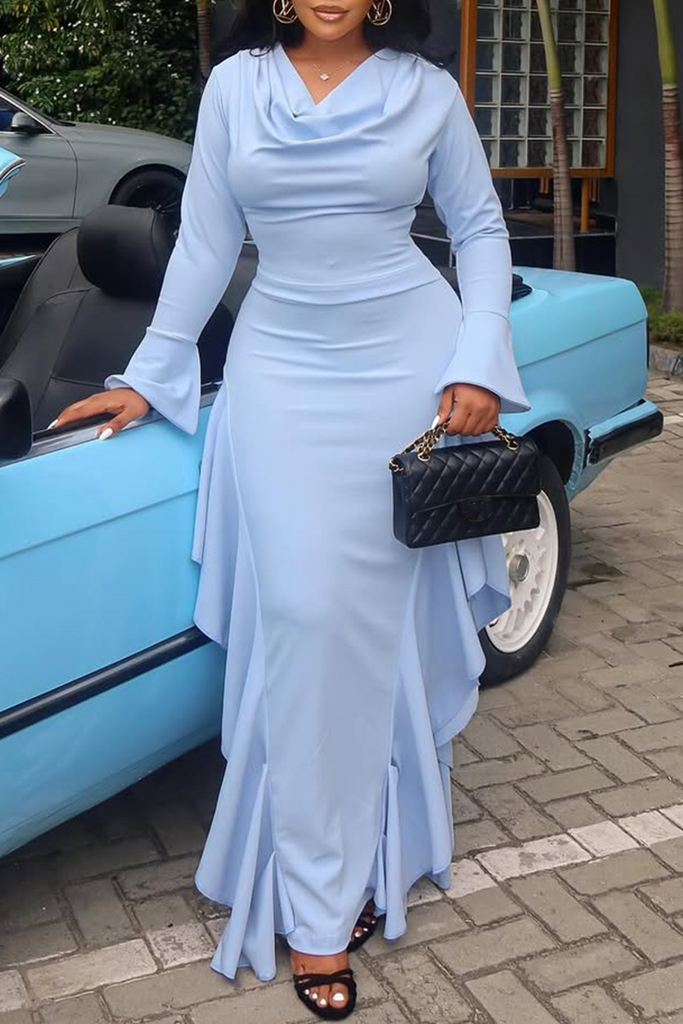 Elegant Solid Color Slit Zipper Ruffled Trim Pile Heap Collar Long Dresses
