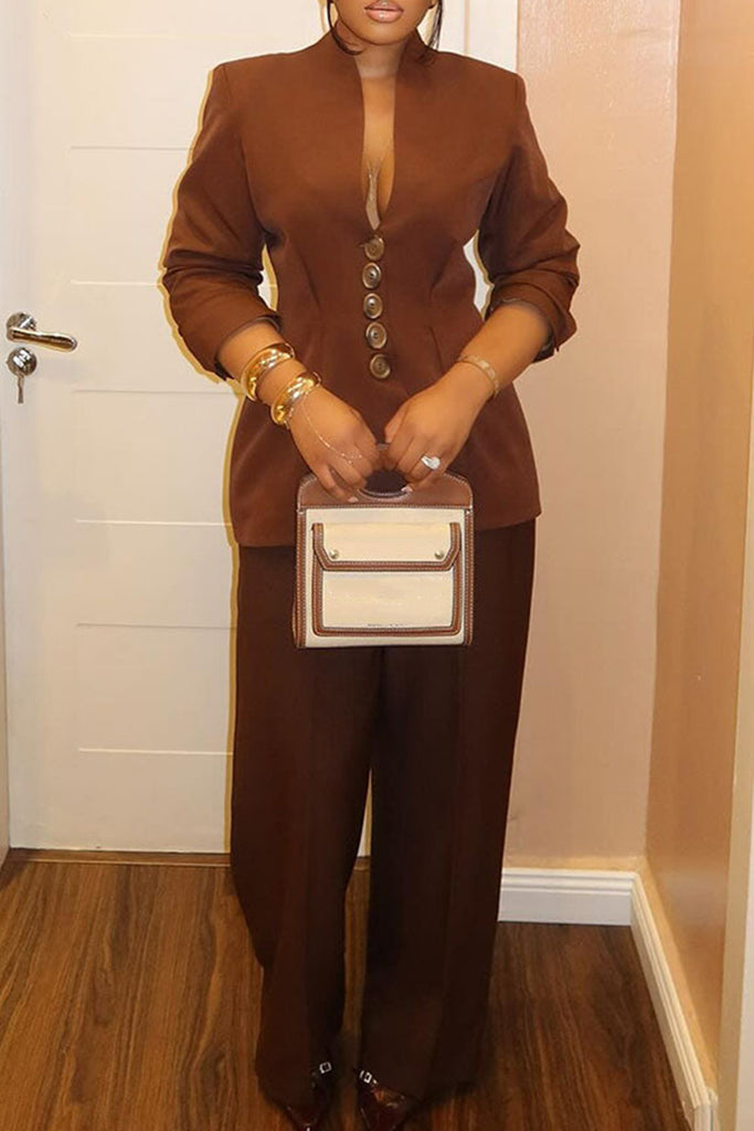 Casual Daily Solid Color Buttons Deep V Neck Long Sleeve Two Pieces