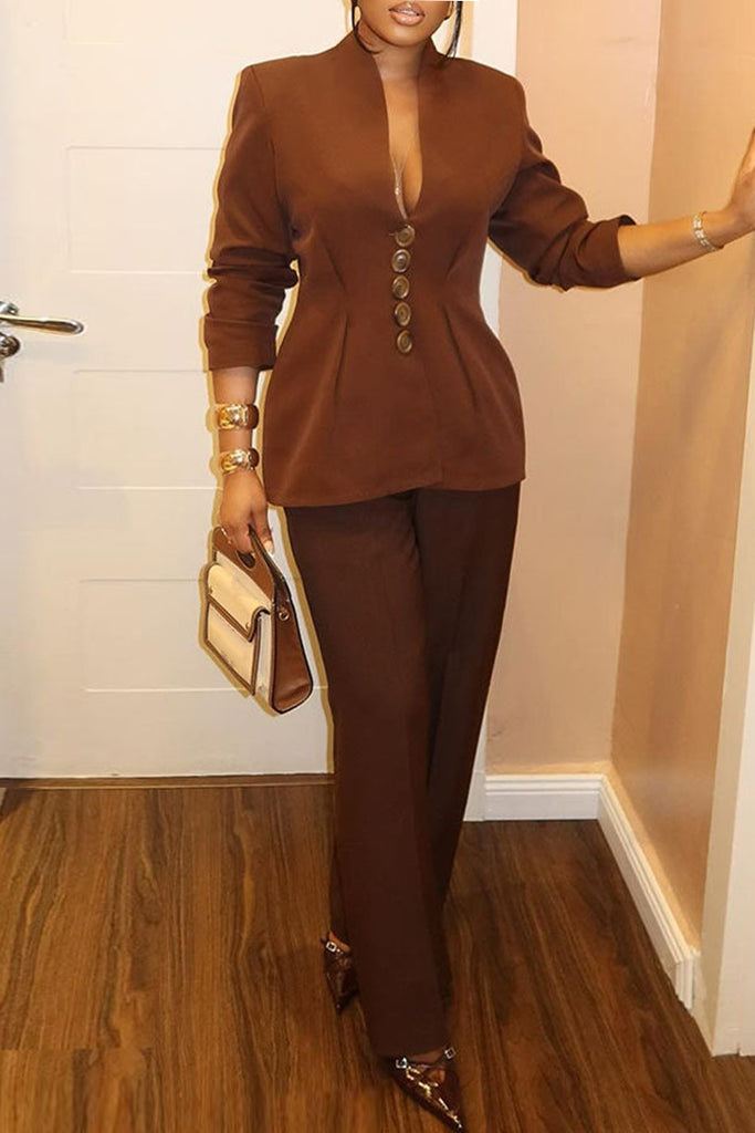 Casual Daily Solid Color Buttons Deep V Neck Long Sleeve Two Pieces
