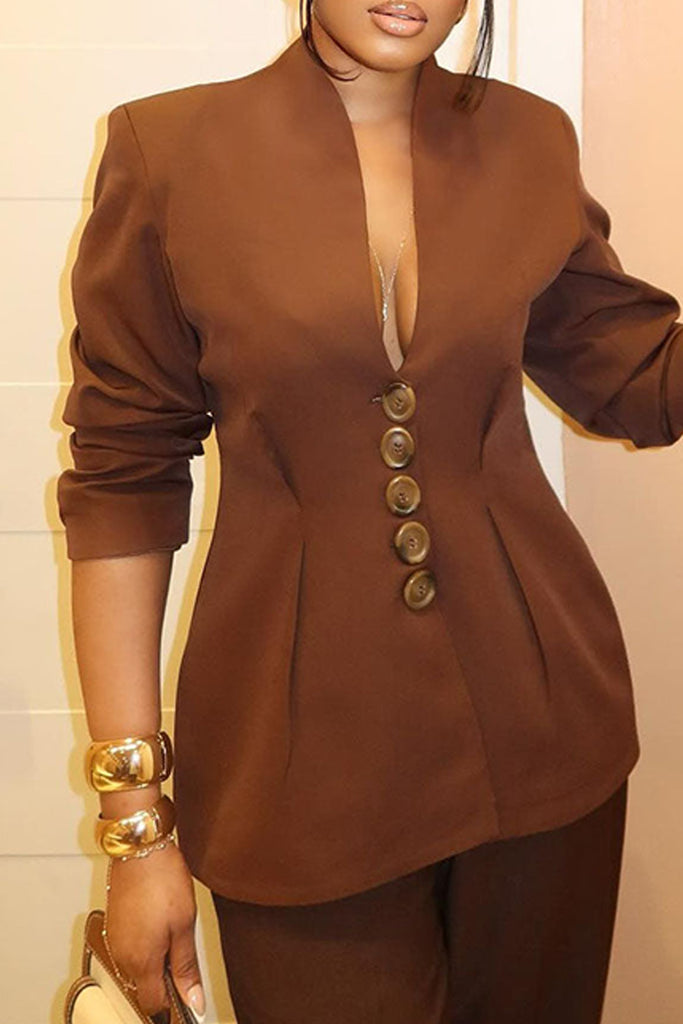 Casual Daily Solid Color Buttons Deep V Neck Long Sleeve Two Pieces