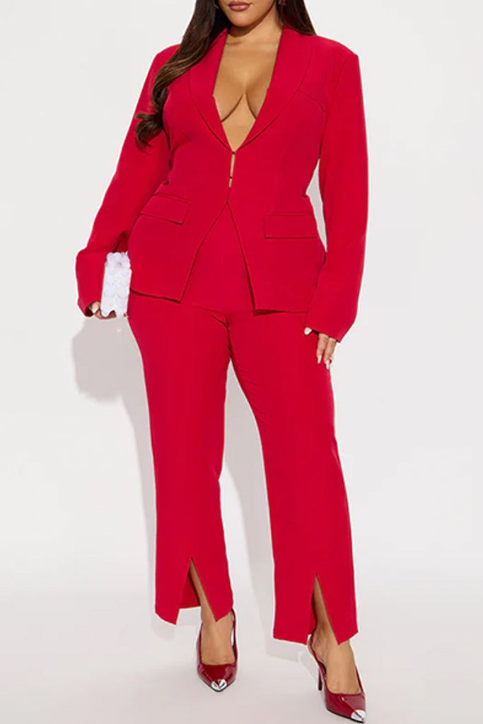 Daily Solid Color Slit Pants Turn-back Collar Long Sleeve Two Pieces