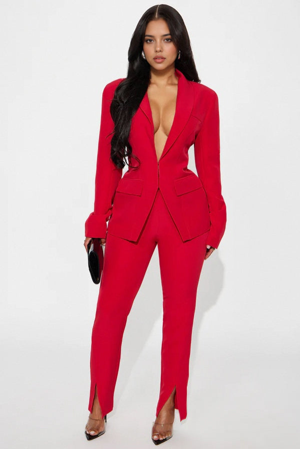 Daily Solid Color Slit Pants Turn-back Collar Long Sleeve Two Pieces