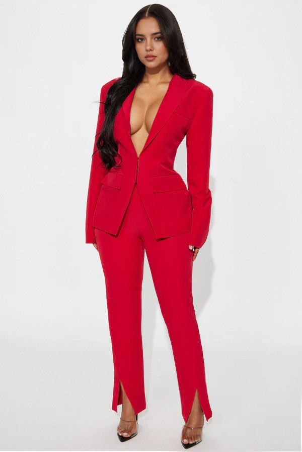 Daily Solid Color Slit Pants Turn-back Collar Long Sleeve Two Pieces